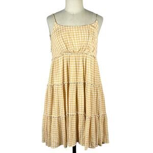 DRESS FORUM Picnic Tie Shoulder Swing Dress Yellow White Checkered Plaid Large